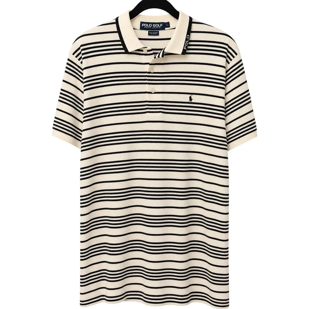 Vintage Polo Golf Ralph Lauren Mens L Cream Black Striped Cotton Polo Shirt
